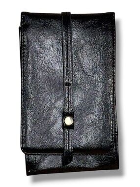Black Faux Leather Wallet With Brass Look Clips Vegan Folding